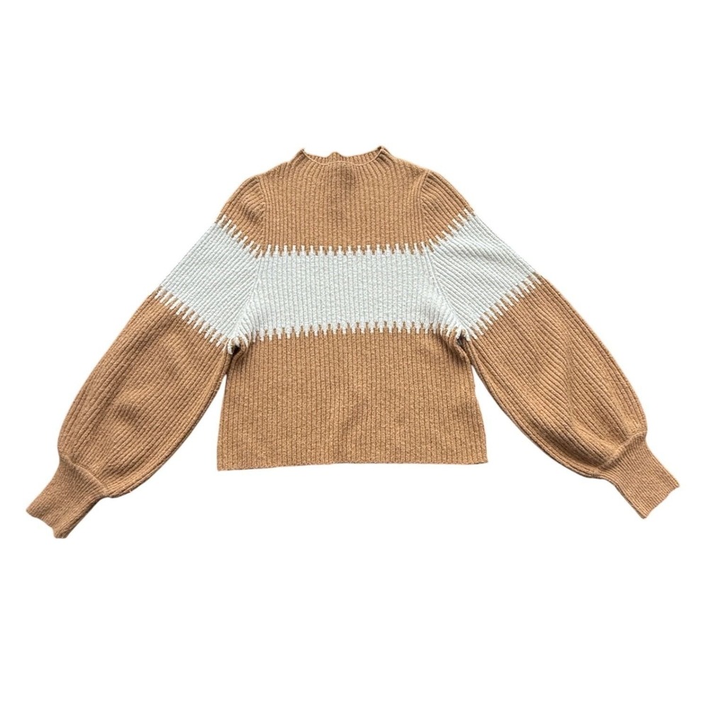French Connection Womens Medium Tan Cream Colorblock Balloon Sleeve Sweater